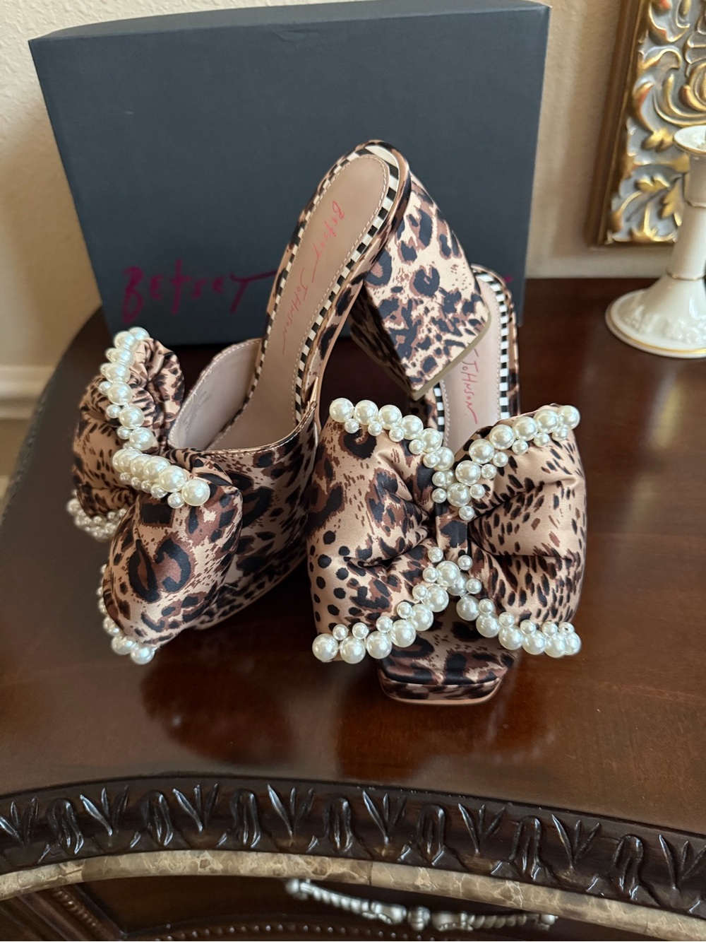 Betsey Johnson Leopard Pearl Bow Heeled Mules - Brown, Black, Cream